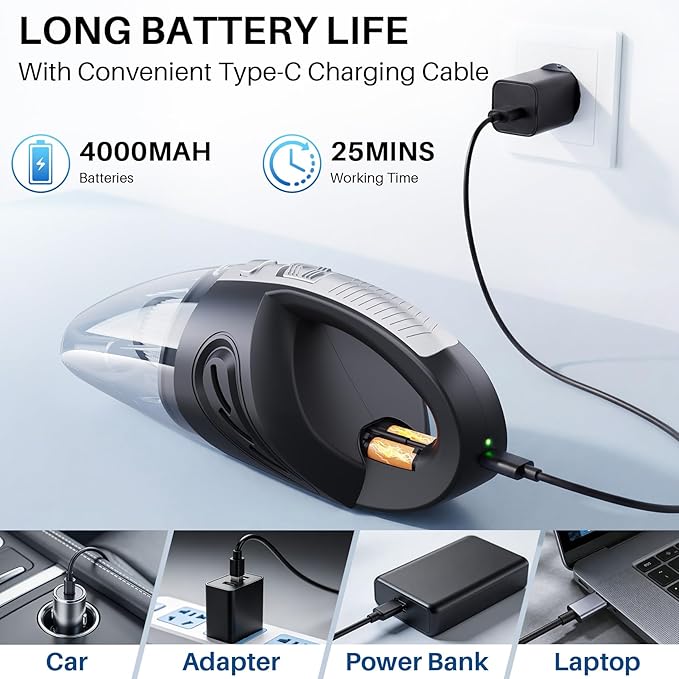 Handheld Cordless Car Vacuum Cleaner, 15000PA Powerful Suction Hand Held Cleaner Rechargeable, Portable Hand Vacuum with Multi-Nozzle, Washable Filter & Storage Case for Home, Office, Car, Pets