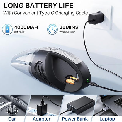 Handheld Cordless Car Vacuum Cleaner, 15000PA Powerful Suction Hand Held Cleaner Rechargeable, Portable Hand Vacuum with Multi-Nozzle, Washable Filter & Storage Case for Home, Office, Car, Pets