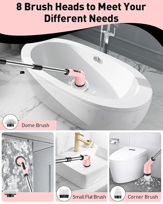 Shower Scrubber with Long Handle, Bathroom Cleaner Brush with 8 Brush Heads, Cordless Electric Spin Scrubber for Cleaning with 2 Speed, Cleaning Supplies for Bathtub Kitchen Floor Tile Toilet