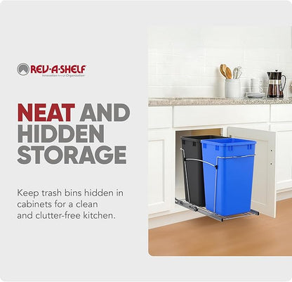 Rev-A-Shelf Double 27 Qt Pullout Trash Can for Base Kitchen Cabinets, Garbage Waste & Recycling Bin System with Full Extension Slides, Min Opening Width of 11.5", Blue/Black, RV-15KD-2218C-S