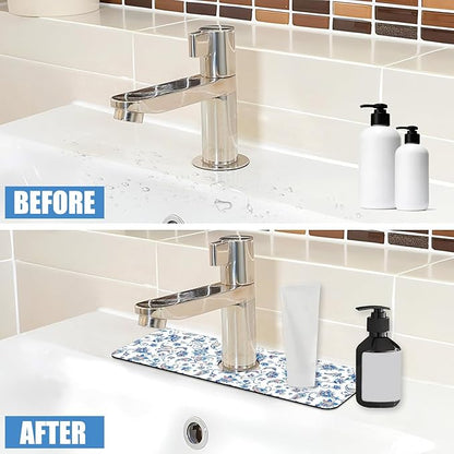 Sink Splash Guard Faucet Mat Paisley Flowers Tulips Leaves Absorbent Fast Drying Mat Sink Gadgets Splash Guard Behind Faucet Drip Catcher for Kitchen Bathroom 15.5"X5.5"