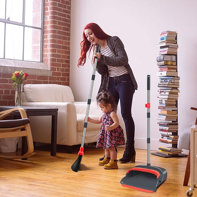 Upgrade Broom and Dustpan Set, Broom with Dustpan Combo Set, Large Size and with Long Handle, Upright,Ideal for Indoor Outdoor Garage Kitchen Room Office Lobby Use (Black&Red)