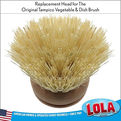 LOLA Replacement Head for the Original Tampico Vegetable & Dish Brush, 3 Pack, Birch Hardwood & Tampico Bristles, Reusable & Washable