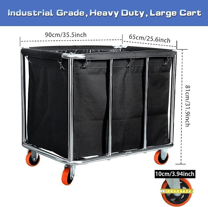 Commercial Laundry Cart with Wheels, 400L Large Capacity Heavy Duty Stainless Laundry Basket,Laundry Sorter for Clothes Storage,330 lbs Load (Black)