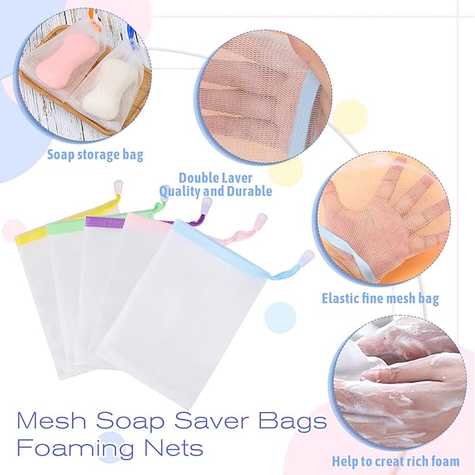 Styquenzer 10 PCS Exfoliating Mesh Soap Pouches, Soft Soaps Saver Bags with Drawstring, Gentle Foam Net Pouch for Bath Shower Spa, Handmade Soap Holder Sack for Body Face Cleansing (Color Random)