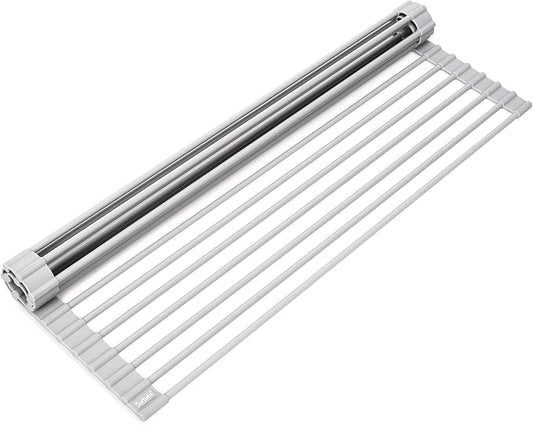 Surpahs 20.5 x 13.1 Inch Roll-Up Dish Drying Rack, Fits Across Sink Openings up to 19.5 Inches, Heavy-Duty Premium Silicone, Strong Support, Non-Slip, Heat-Resistant, Warm Gray