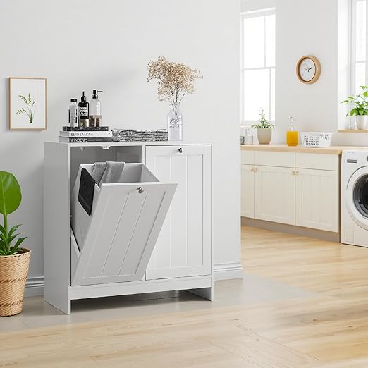 Tilt Out Trash Can Cabinet, Hidden Trash Can Cabinet with 2 Removable Bags, Double Laundry Hamper Cabinet, Narrow Storage Organizer for Kitchen, Bathroom, and Bedroom White DJ BZR001