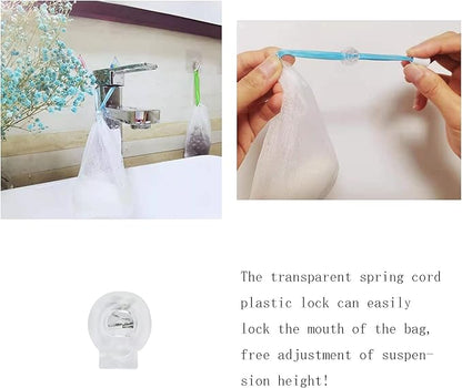 12PCS Exfoliating Soap Mesh Saver Pouch Bag and 5 PCS Transparent Spring Cord Plastic Lock for Shower Face Washing,Easy to Bubble and Store Small Soap (Colorful Drawstring)