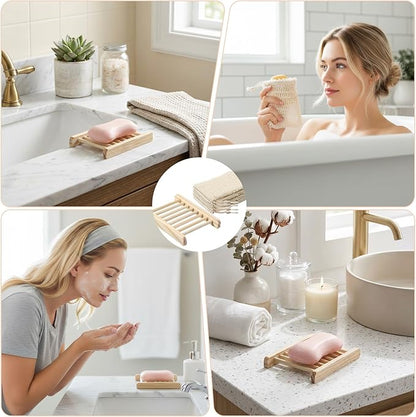 60 Pcs Soap Exfoliating Bag Holder Set, Including 30 Mesh Bath Soap Saver Container and 30 Bamboo Wood Soaps Holder Tray, Natural Barsoap Pouch, Self Draining Soaps Saver Dish