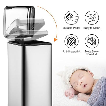 Garvee 8 gal/30 L Kitchen Trash Can, Stainless Steel Garbage Can with Soft Close Lid, Foot Pedal and Removable Inner Bucket for Home Office Bedroom Bathroom, Silver