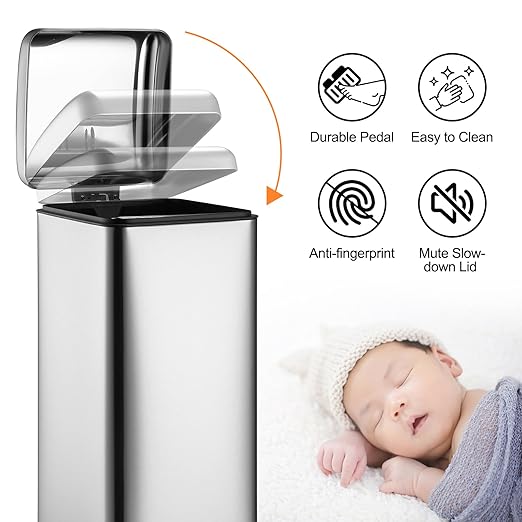 Garvee 8 gal/30 L Kitchen Trash Can, Fingerprint-Proof Stainless Steel Garbage Can with Soft-Close Lid, Recycle Bin with Removable Inner Buckets and Foot Pedal for Office Bedroom Bathroom, Silver