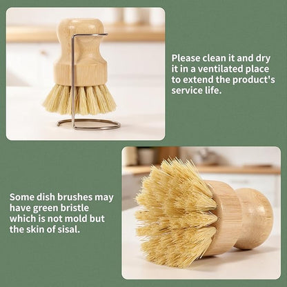2 Pack Bamboo Dish Brush with Drain Holder - Natural Scrub Brush for Dish with Sisal Bristle, Wooden Dish Scrubber for Kitchen Cleaning Dishes, Pots, Pans and Vegetables