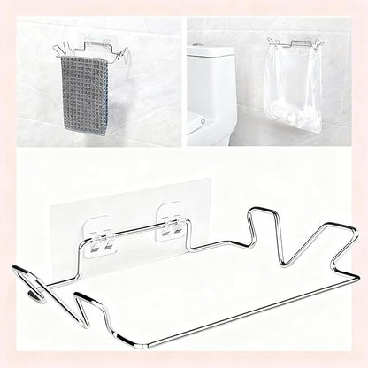 Stainless Steel Trash Bag Holder, Hanging Trash Can Rack for Cabinets/Door/Cupboards/Wall, Plastic Bag Holder with 3Pcs Adhesive Wall Sticker, Kitchen Under Sink Dishcloth Rack