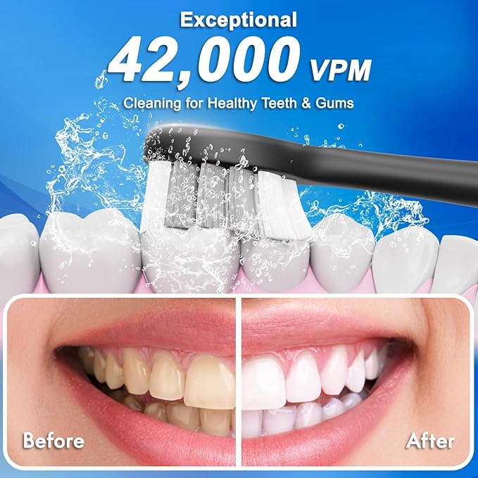 Kuicur Electric Toothbrush for Adults and Kids, Comes with 10 Brush Heads & Travel Case, 5 Modes with 2 Minutes Built in Smart Timer, One Charge for 90 Days, 42,000 VPM Motor