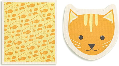 DEMDACO Reusable Biodegradable Kitchen Cleaning Dish Cloth from Design Serving Collection 6 x 7 Inch Cotton Blend Cat Assorted Set of 2