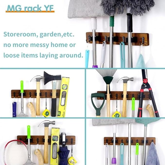 2pcs Broom Holder Wall Mount, Mop and Broom Holder Wall Mounted Organizer Mop and Broom Storage Tool Rack with 3 Rolling Clips and 4 Hooks