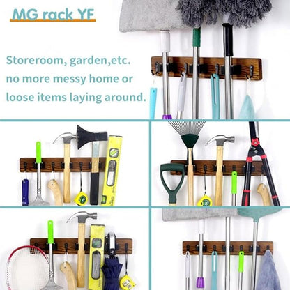 2pcs Broom Holder Wall Mount, Mop and Broom Holder Wall Mounted Organizer Mop and Broom Storage Tool Rack with 3 Rolling Clips and 4 Hooks