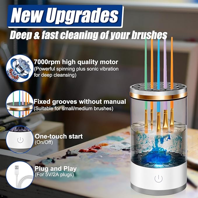 XANGNIER Electric Paint Brush Cleaner Machine with Cleaning Pad, Sonic Rotation Technology for Effortless Brush Cleaning, Perfect for Acrylic, Watercolor, Oil, Must-Have Tool for Artists & Hobbyists