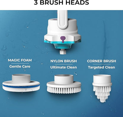 KOKIDO Rechargeable 3-in-1 Pool Brush Head Scrubber - Electric Scrub Brush for Walls, Waterlines, Floors - 3 Brush Heads, 40-Min Runtime, 180° Pivotable Handle, for Inground Aboveground Pools and Spas