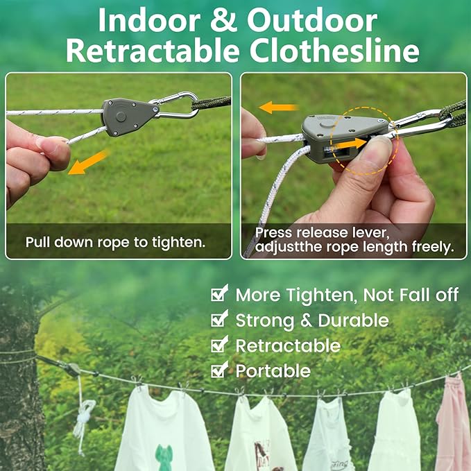 Retractable Travel Clothesline, 19FT Adjustable Heavy-Duty Line with Reflective Pulley System, Stainless Hooks & Clips – Portable for Camping, Cruise, Hotel, Balcony & Outdoor Laundry (Green)