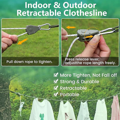 Retractable Travel Clothesline, 19FT Adjustable Heavy-Duty Line with Reflective Pulley System, Stainless Hooks & Clips – Portable for Camping, Cruise, Hotel, Balcony & Outdoor Laundry (Red)