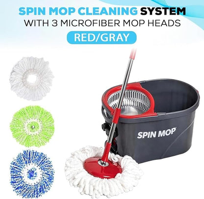 Simpli-Magic 360° Spin Mop and Bucket with Wringer – 10,000 Spin Cycles – 3 High-Absorbent Microfiber Replacement Heads – Mop and Bucket Set for All Types Floor Cleaning