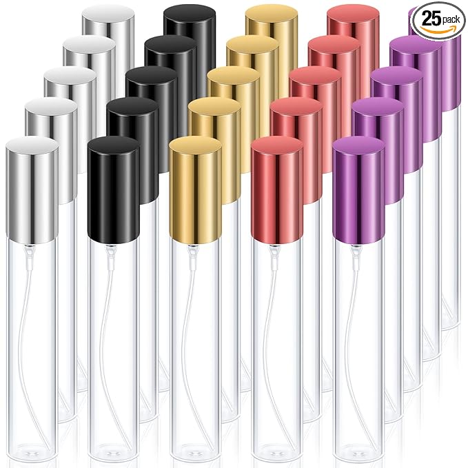 Yinder 25 Pcs 15ml Travel Spray Bottle Refillable Perfume Atomizer Bulk Glass Mini Cologne Perfume Bottles Empty Fine Mist Portable Small Sample Containers(Black, Red, Purple, Gold, Silver)