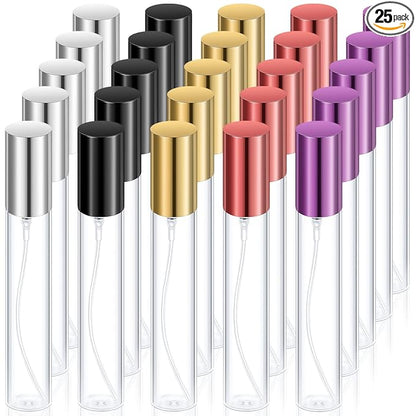 Yinder 25 Pcs 15ml Travel Spray Bottle Refillable Perfume Atomizer Bulk Glass Mini Cologne Perfume Bottles Empty Fine Mist Portable Small Sample Containers(Black, Red, Purple, Gold, Silver)