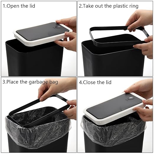 Fasmov Trash Can, 2 Pack 7.5 Liter / 2 Gallon Plastic Garbage Container Bin with Press Top Lid, Garbage Can Waste Basket for Kitchen, Bathroom, Living Room, Office, Narrow Place, Black