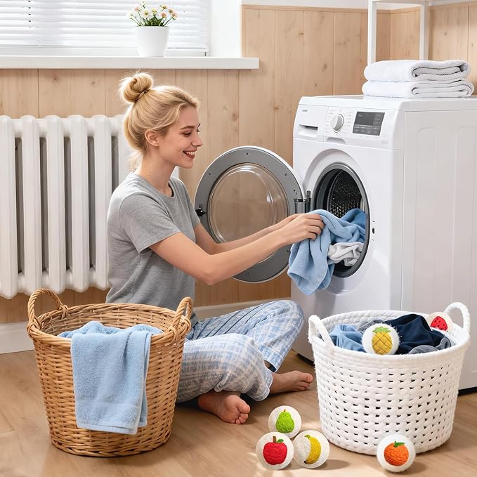 Wool Dryer Balls XL 6 Pack, Reusable Laundry Dryer Balls with Cute Fruit Design, Reduce Drying Time, Soften Clothes, Anti Static, Eco Friendly Dryer Sheets Alternative
