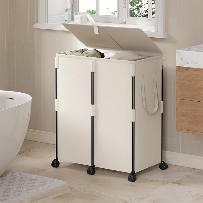 160L Double Laundry Hamper with Lid and 6 Wheels, Rolling Laundry Basket with 2 Removable Bags, Heavy Duty Metal Frame Clothes Cart, 2-Section Laundry Sorter for Bedroom, Bathroom (White)