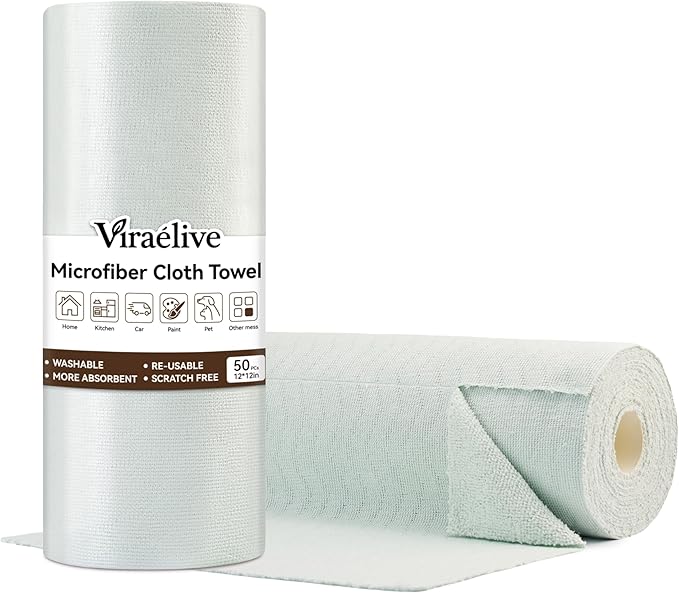 Microfiber Cleaning Cloth Roll, 50 Tear-Away Sheets, Reusable & Washable, Lint-Free, Non-Scratch, Highly Absorbent Towels for Kitchen, Home, Windows & Screens, Green Wave Pattern, 12x12 in