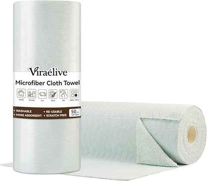 Microfiber Cleaning Cloth Roll, 50 Tear-Away Sheets, Reusable & Washable, Lint-Free, Non-Scratch, Highly Absorbent Towels for Kitchen, Home, Windows & Screens, Green Wave Pattern, 12x12 in
