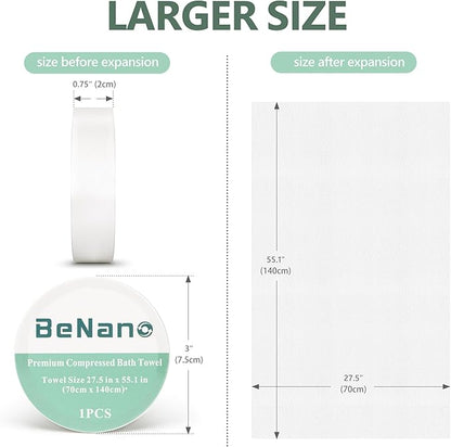 Benano Premium Compressed Towel Tablets Disposable Towel 55.1 in x 27.5 in Large Bath Towel Travel Towel Reusable for Hotel Camping Mountaineering Sports Hiking Beach Swimming Vacation (20 Pack)