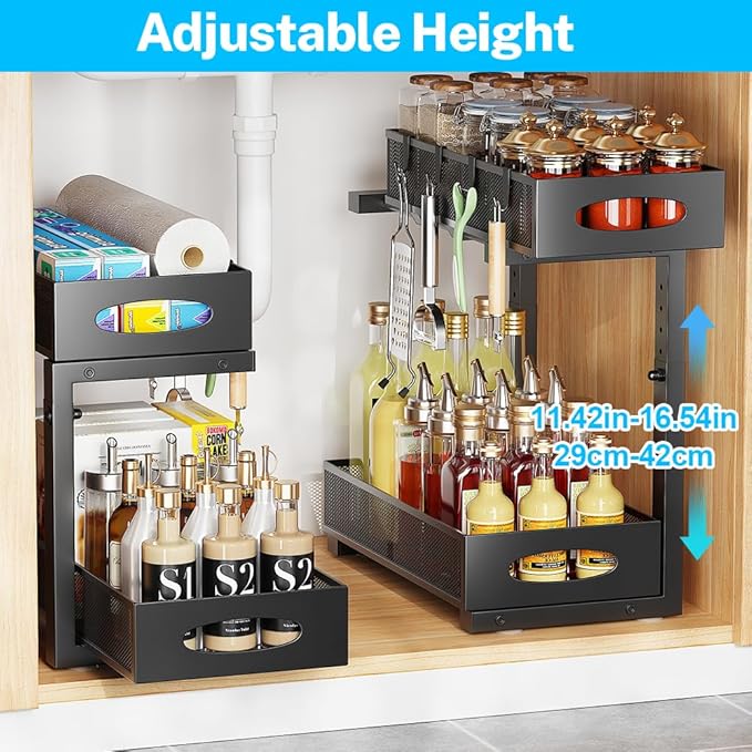 2 Pack Under Sink Pull Out Organizer, 2-Tier Adjustable Height Carbon Steel Storage Rack for Kitchen and Bathroom Cabinet, Black
