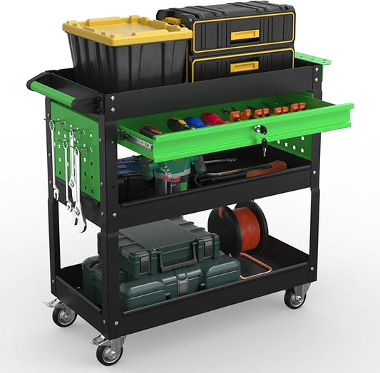 3 Tray Rolling Tool Cart with Drawers, 400 LBS Capacity Mechanic Tool Cart on Wheels, Heavy Duty Utility Cart with Pegboard, Metal Work Cart for Garage and Repair Shop, Blackgreen