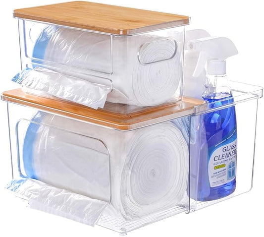 iCASA Trash Bag Dispenser Holder - 3 in 1 Acrylic Plastic Garbage Bag Pantry Organizer, Clear Large Laundry Pods Container with Lid, Stackable Under Sink Kitchen Laundry Room Organization and Storage