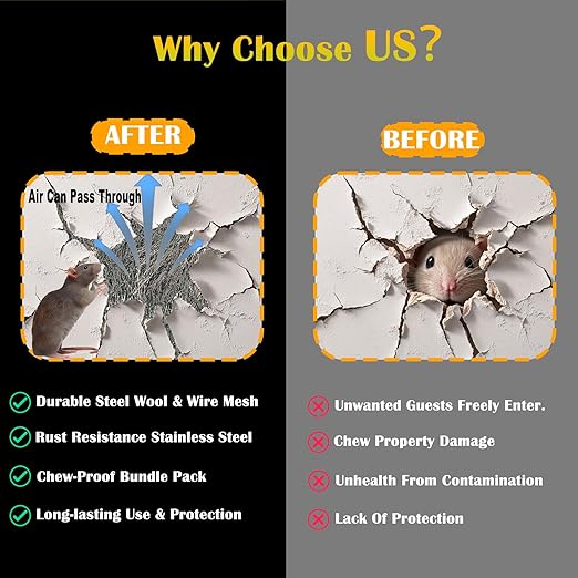 Steel Wool Mice Control - 3 Packs 2.75" x 12.5 FT 0000 Steel Wool & 1 Pack 5" x 19.6 FT Wire Mesh Kit with Wooden Stick, Gloves and Scissors, Rodent Mouse Hole Filler for House Garage Garden Wall Gaps