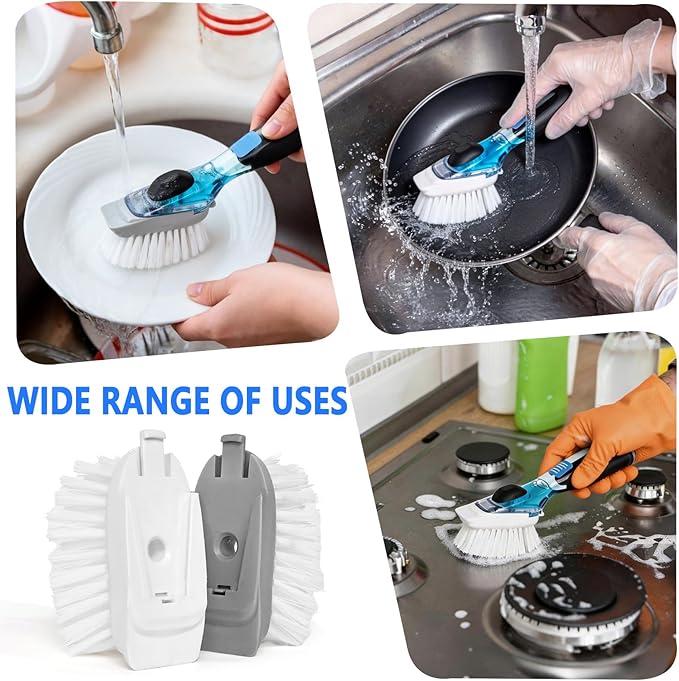Dish Brush Refills, Dish Scrubber Replacement Heads Compatible with OXO Soap Dispensing Dish Brush, Nylon Bristles with Built-in Scraper, Suitable for Non-Stick Cookware, 2 Pack