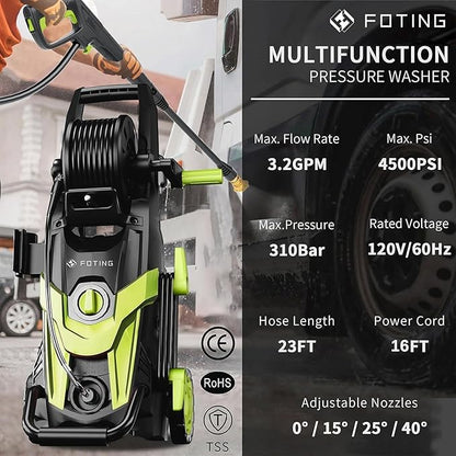 2026NEW Pressure Power Washer 4500PSI with 4 Quick Connect Nozzles, Inlet Hose & Filter, Foam Cannon for Cars/Fences/Driveways/Patios/Home Cleaning, Green