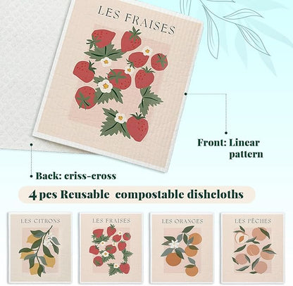 Swedish Dishcloths for Kitchen, Pink Strawberries Peach Citrons Oranges Swedish DishCloths for Friut, 4 Pack Dish Towels for Kitchen, Papaya Reusable Paper Towels Washable