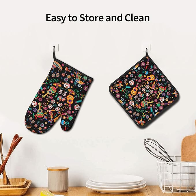 Mexican Oven Mitt Potholders Sets - Mexico Kitchen Mitts and Pot Holders Set of 2 Floral Skull Oven Gloves Hot Pads for Cooking Baking Grilling