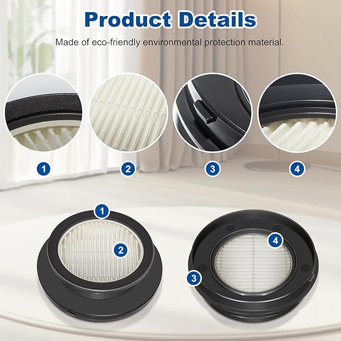 4 Pack X7A HEPA Filter Replacements Compatible with SunSare X7A-US Cordless Stick Vacuum Cleaner with Touch Screen and SunSare X7A Handheld Vacuum Cleaners for Home, 4 HEPA Filters, 1 Cleaning Brush