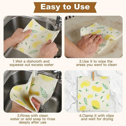 Ninsula Dish Cloths 5 Pack, Absorbent Cellulose Sponge Dishcloths for Kitchen, No Odor Biodegradable Reusable Kitchen Towels (Watercolor-Style Fruit Patterns)