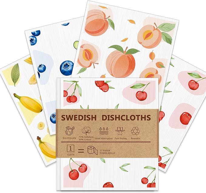 4 PCS Swedish Dishcloths, Reusable Kitchen Dish Cloths, Super Absorbent Cellulose Sponge Cloths, Odor Resistant, Dishwasher Safe & Multi-Purpose Cleaning Cloths