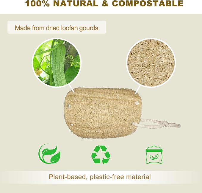 Natural Loofah Sponge with Handle, 5-Piece Replaceable Eco Sponges for Cleaning, Non-Scratch Scrubber for Dishwashing Cookware Pans, Kitchen Eco-Friendly Tools (5)