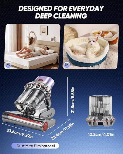 Powerful Bed Vacuum Cleaner with Digital Display, 5-Cyclone Filtration, 14kPa Strong Suction, HEPA Filter, Handheld Vacuum for Mattress, Carpet, Sofa and Pet Hair