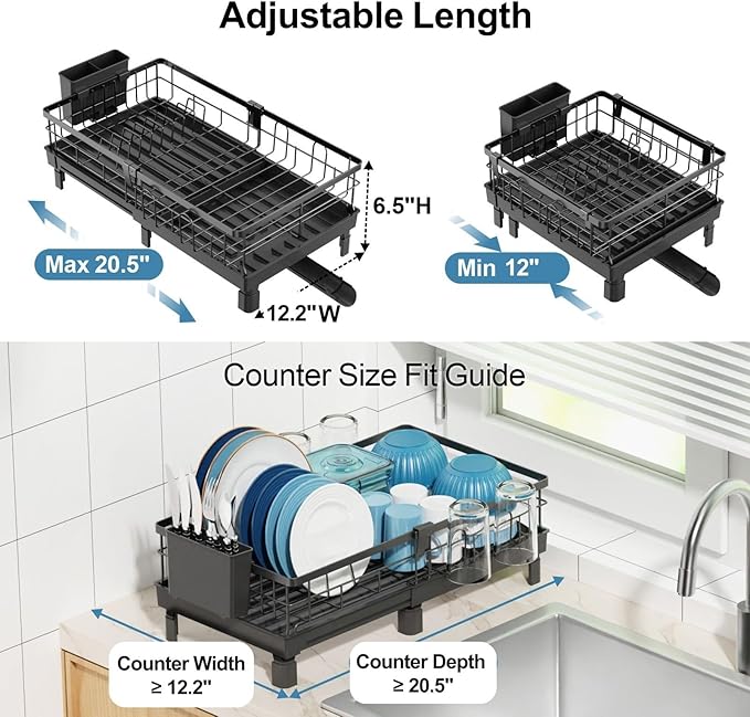 GSlife Expandable Dish Drying Rack for Kitchen Counter, 12-20.5 Inch Compact Dish Rack with Drainboard, Swivel Spout, Cup & Utensil Holder, Rust-Resistant Dish Drainer for Small Kitchen, RV, Black