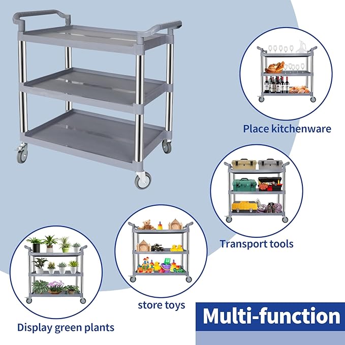 UNICOO 3-Tier Heavy Duty Rolling Utility Cart with Lockable Silent Wheels, 550 Pound Capacity, Anti-Rust Frame, Easy-Clean Shelves for Restaurant, Office, Garage and Kitchen