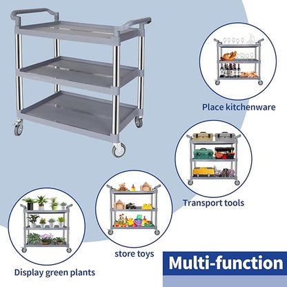 UNICOO 3-Tier Heavy Duty Rolling Utility Cart with Lockable Silent Wheels, 550 Pound Capacity, Anti-Rust Frame, Easy-Clean Shelves for Restaurant, Office, Garage and Kitchen